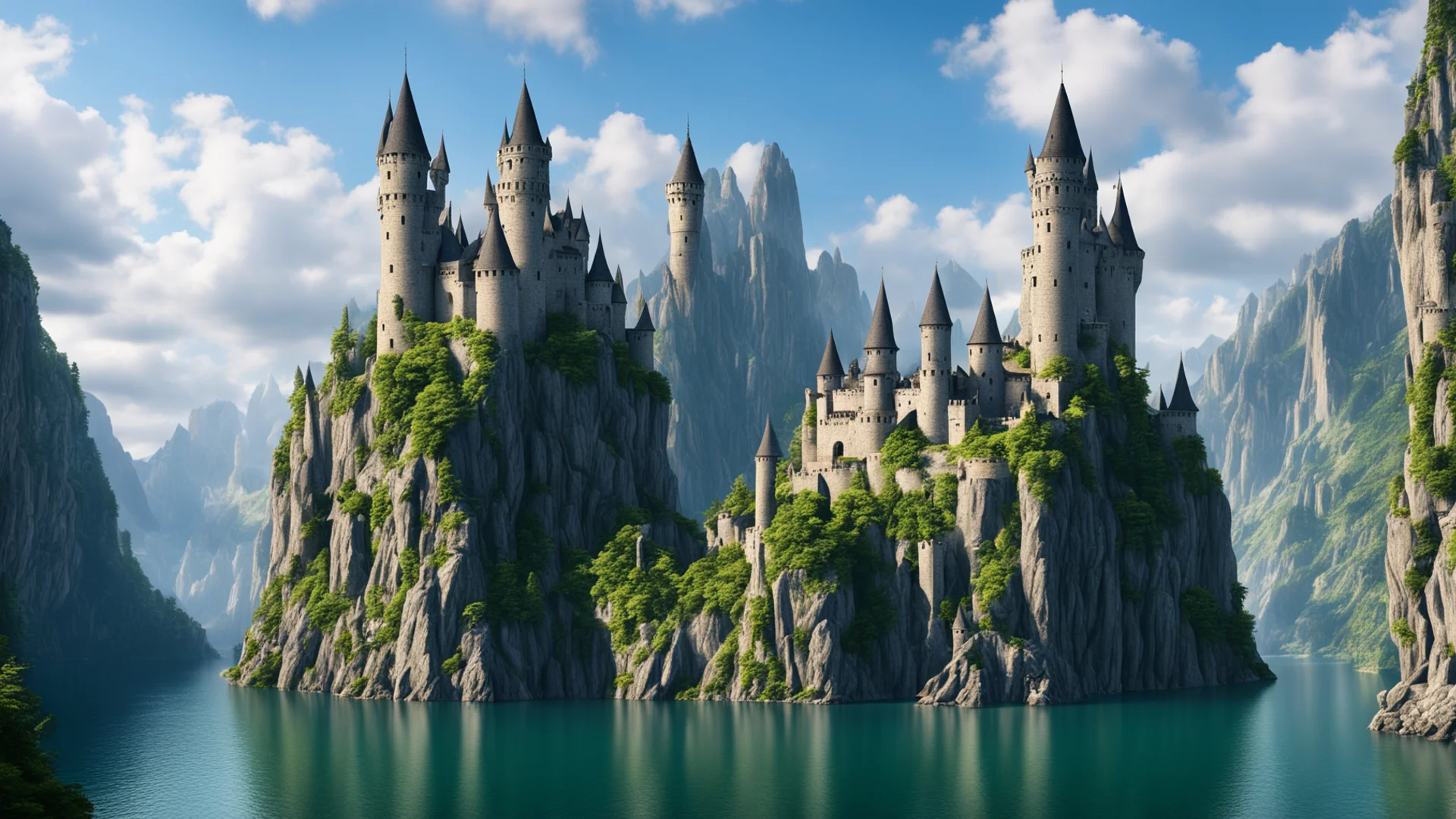 epic cliffs castle over lake large spiraling towers on castle epic shot realistic unreal trending wide