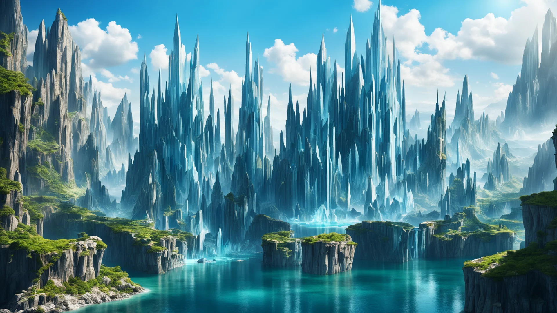 aiepic crysttal city on cliffs water surrounding%2C giant crystal formation magic city amazing awesome portrait 2 wide
