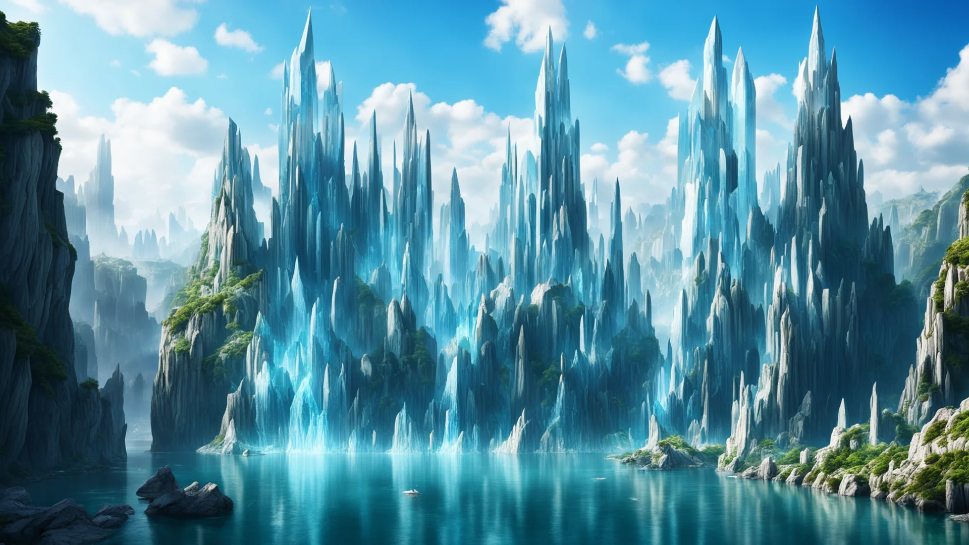 aiepic crysttal city on cliffs water surrounding%2C giant crystal formation magic city confident engaging wow artstation art 3 wide
