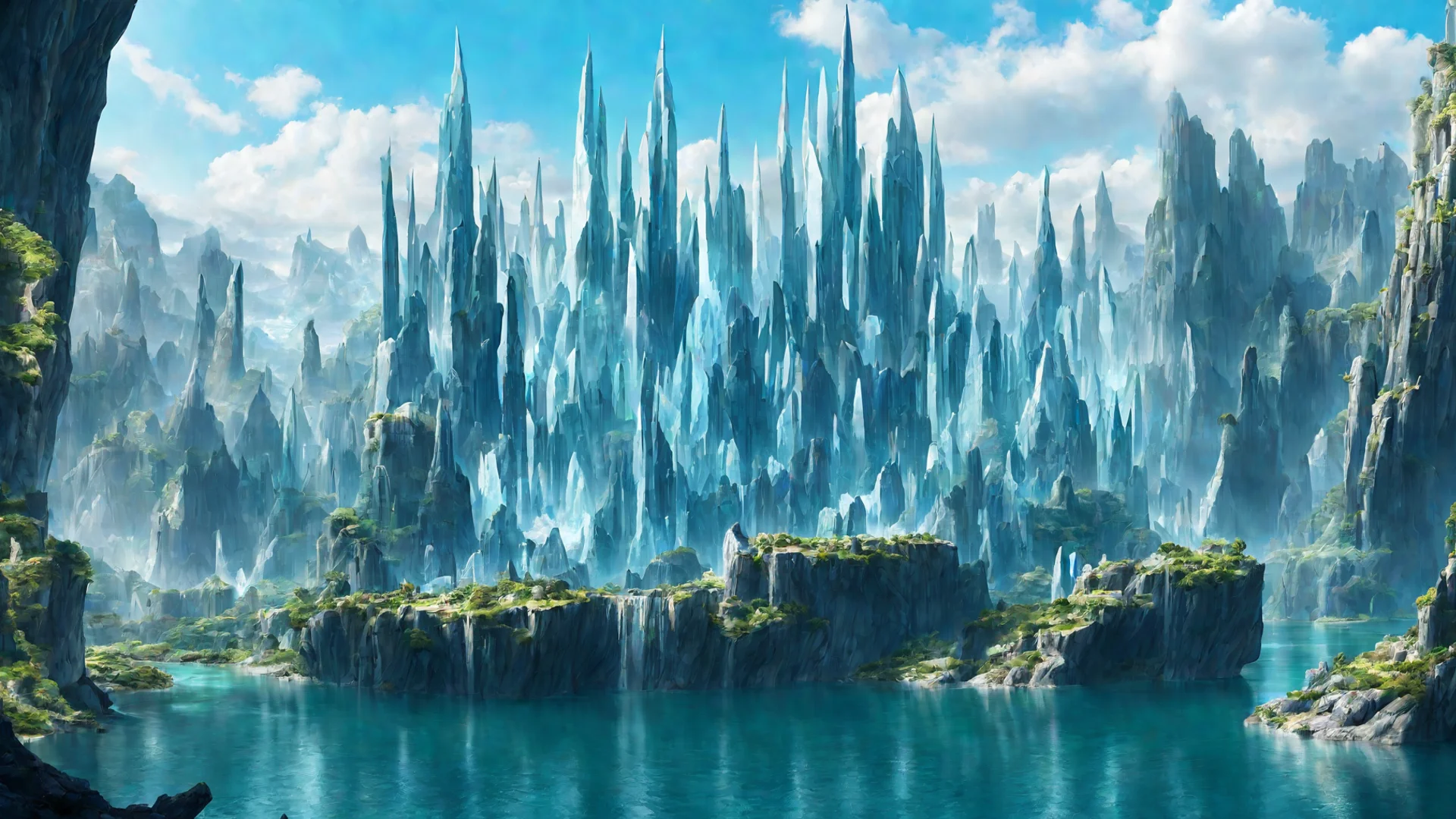 aiepic crysttal city on cliffs water surrounding%2C giant crystal formation magic city wide