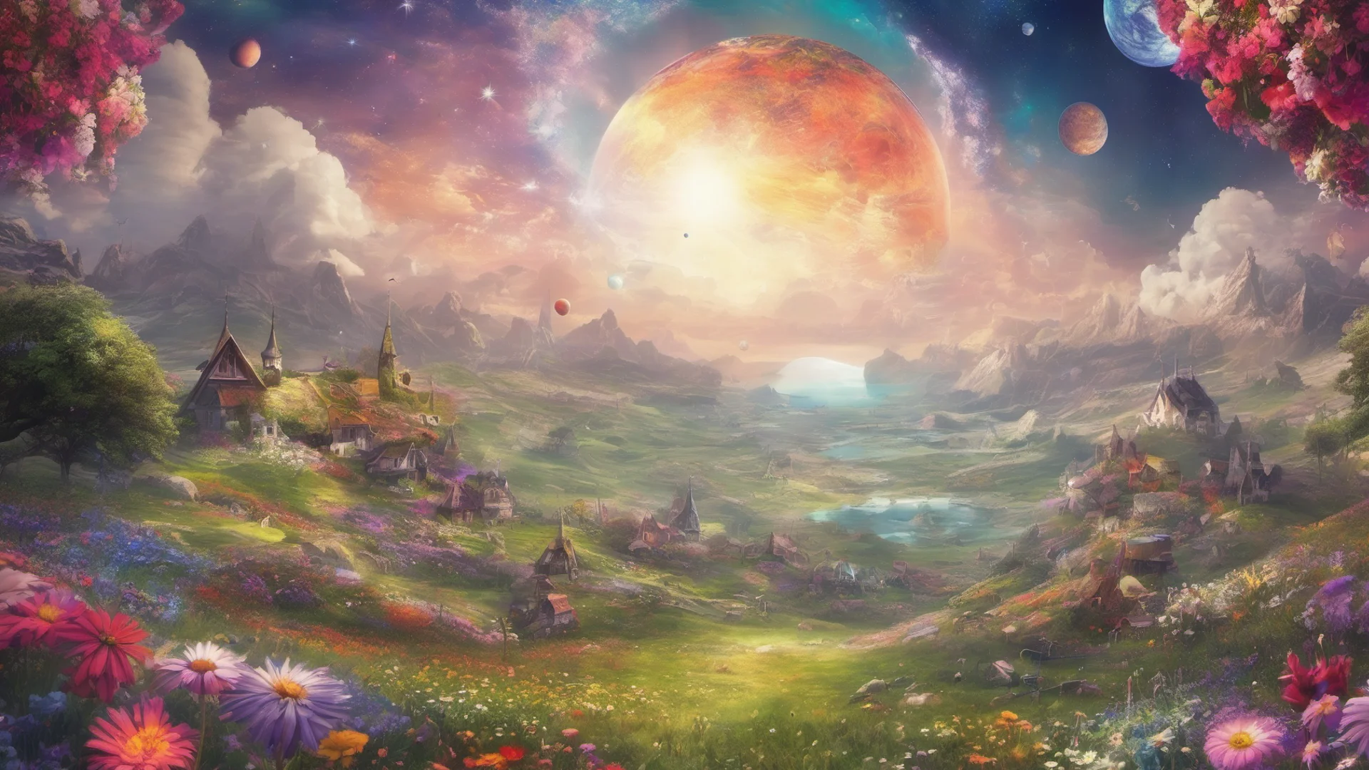 epic fantasy background colorful flower meadows village covered in flowers two saturn ringed planets overhead amazing awesome portrait 2 wide