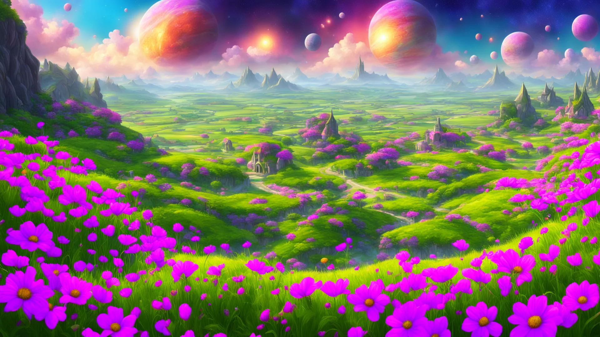 epic fantasy background colorful flower meadows village covered in flowers two saturn ringed planets overhead confident engaging wow artstation art 3 wide wide