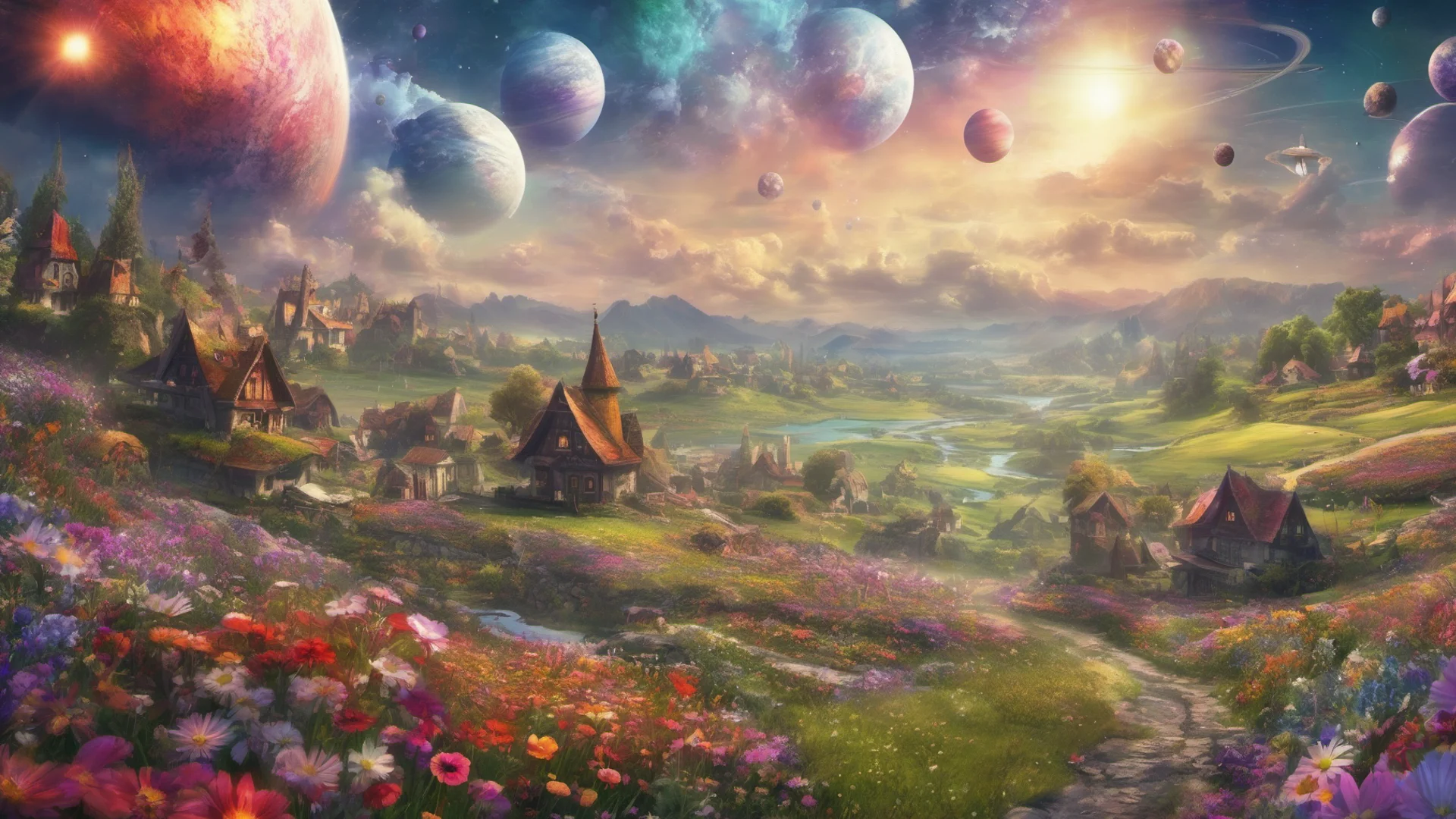 aiepic fantasy background colorful flower meadows village covered in flowers two saturn ringed planets overhead confident engaging wow artstation art 3 wide