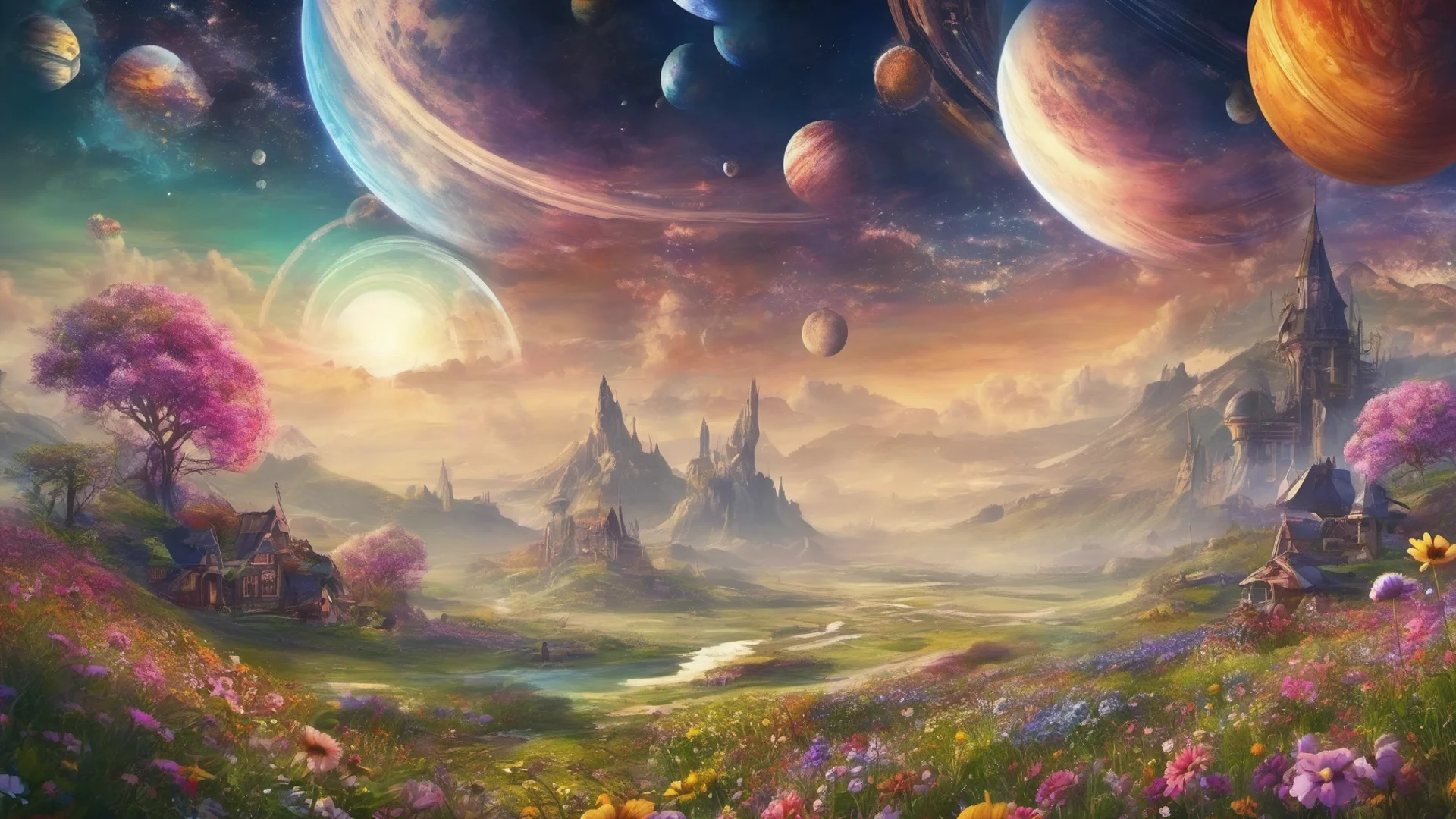 aiepic fantasy background colorful flower meadows village covered in flowers two saturn ringed planets overhead good looking trending fantastic 1 wide