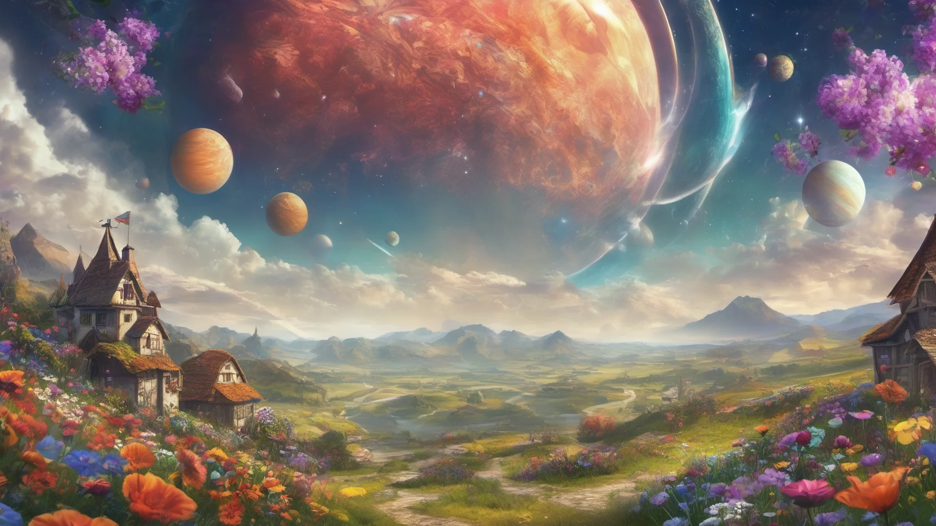epic fantasy background colorful flower meadows village covered in flowers two saturn ringed planets overhead wide