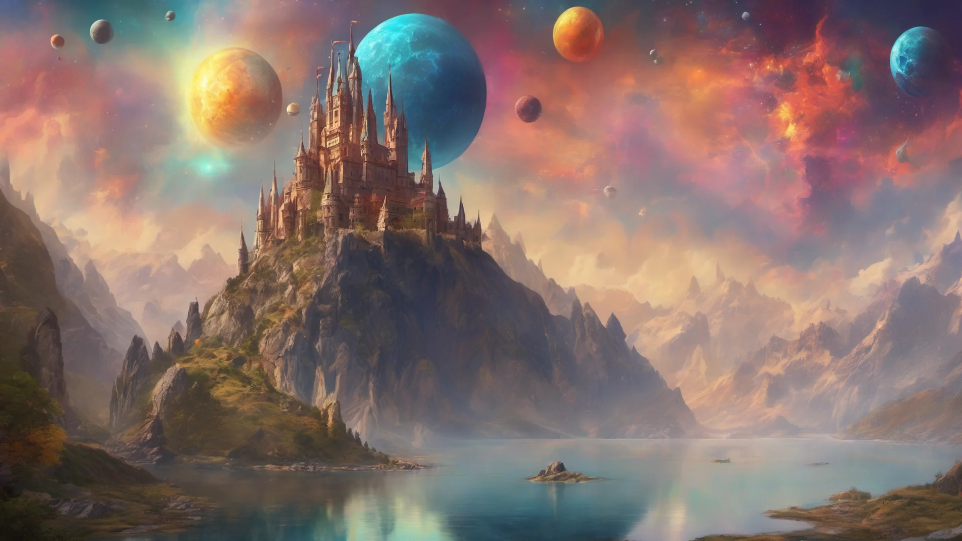 epic fantasy environment castle on tall mountain lakes sky with many colorful planets   amazing awesome portrait 2 wide