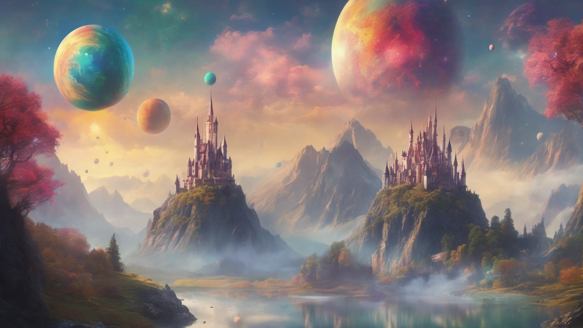 epic fantasy environment castle on tall mountain lakes sky with many colorful planets   confident engaging wow artstation art 3 wide