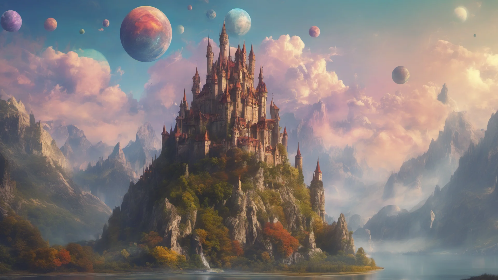 epic fantasy environment castle on tall mountain lakes sky with many colorful planets   good looking trending fantastic 1 wide