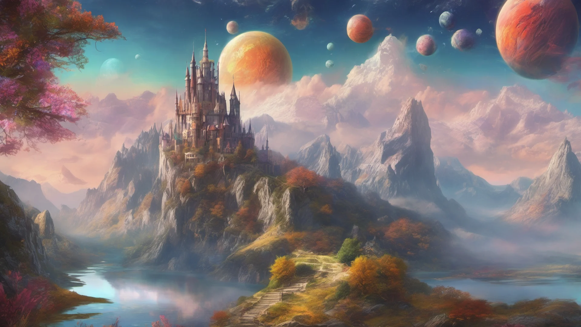 aiepic fantasy environment castle on tall mountain lakes sky with many colorful planets   wide