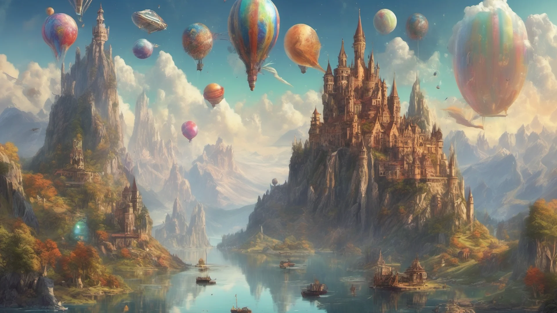 epic fantasy environment castle on tall mountain lakes sky with many colorful planets boats sailing airships and blimps floating   amazing awesome portrait 2 wide