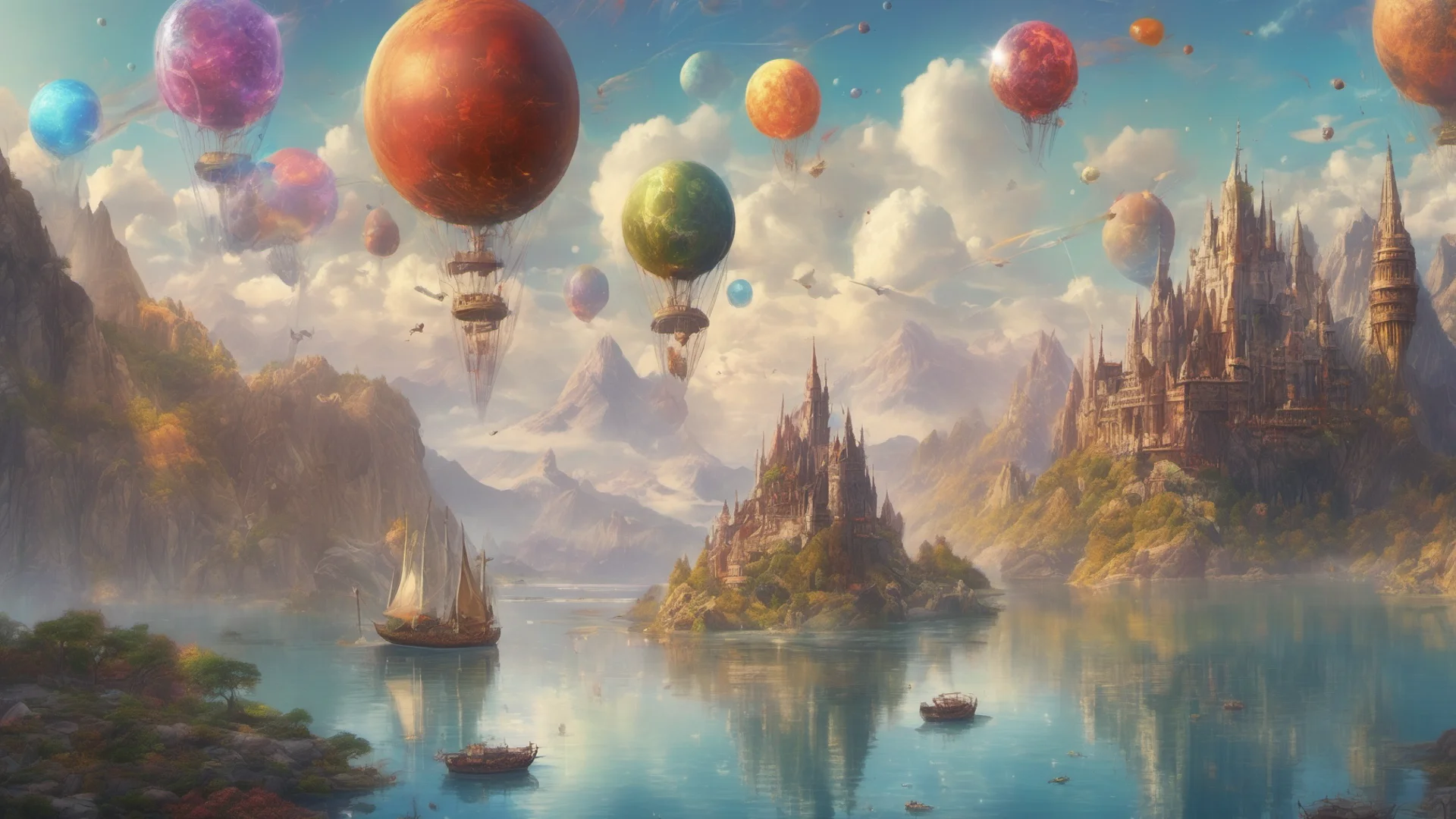 epic fantasy environment castle on tall mountain lakes sky with many colorful planets boats sailing airships and blimps floating   confident engaging wow artstation art 3 wide