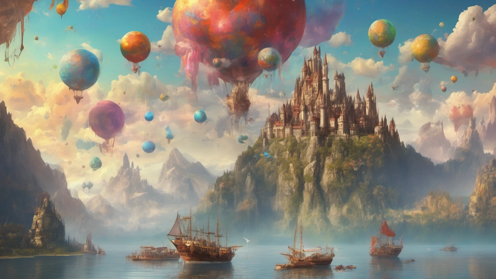 epic fantasy environment castle on tall mountain lakes sky with many colorful planets boats sailing airships and blimps floating   good looking trending fantastic 1 wide