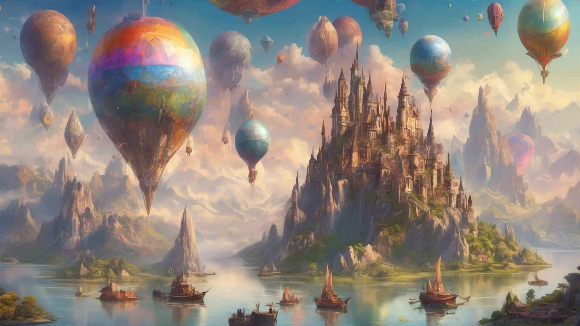 epic fantasy environment castle on tall mountain lakes sky with many colorful planets boats sailing airships and blimps floating   wide