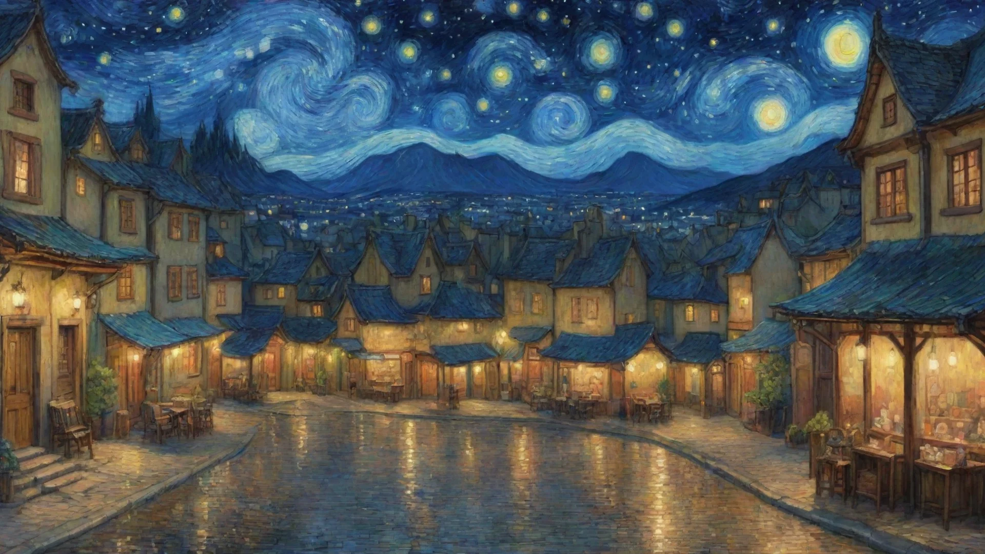 epic lovely artistic ghibli van gogh stary night anime town detailed asthetic wide