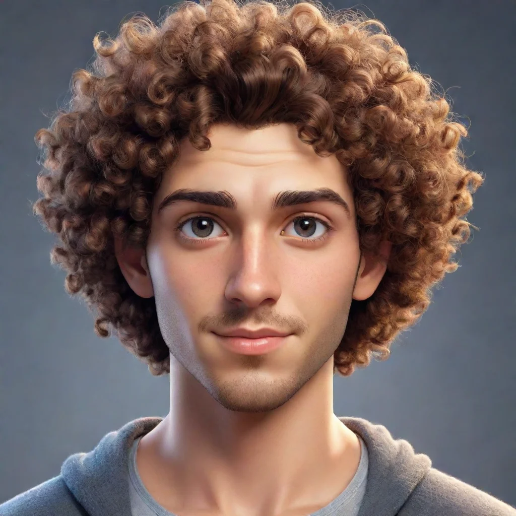 epic male character curly top hair good looking guy clear clarity detail cosy realistic cartoon 