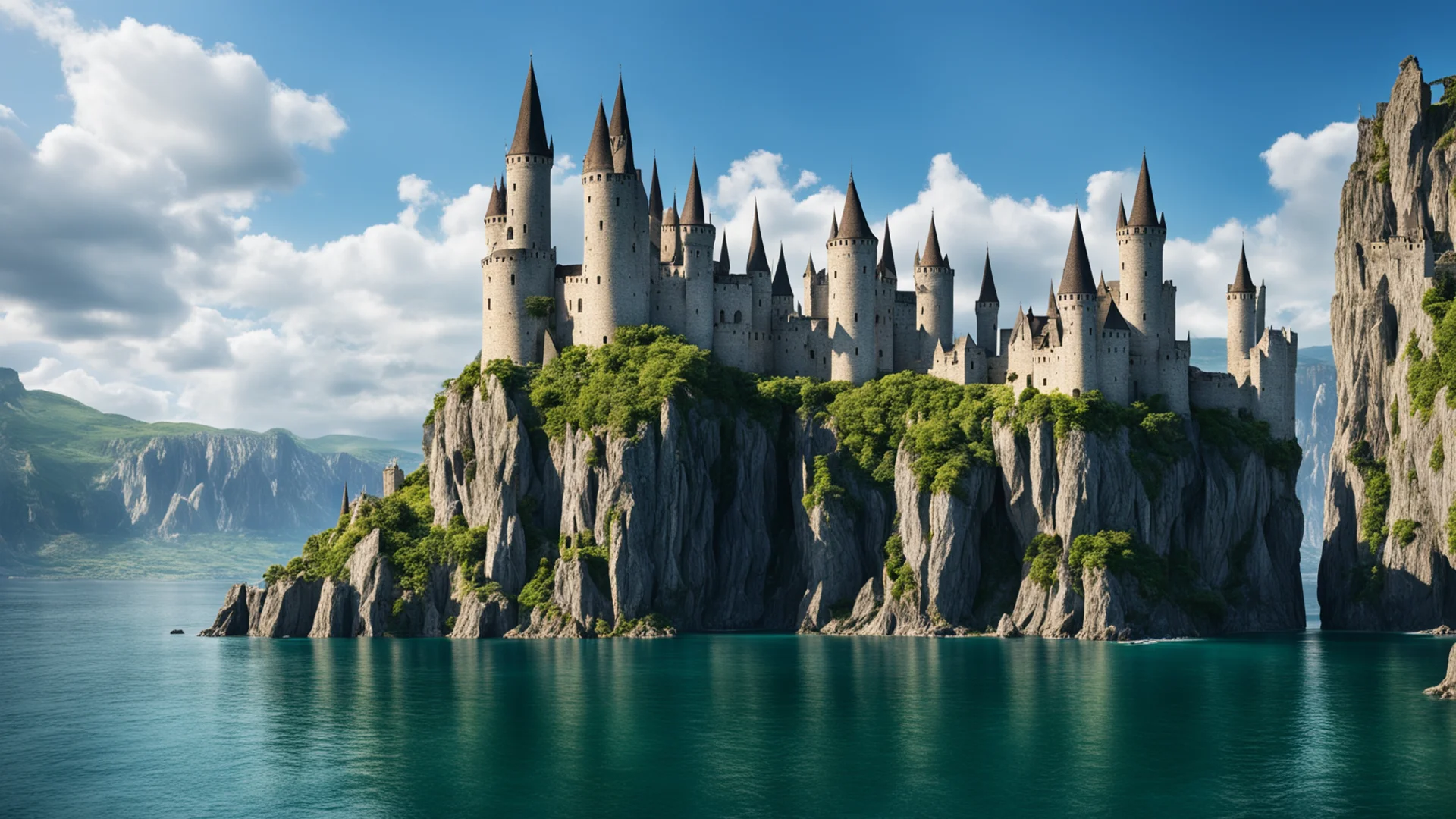 aiepic medieval castle on cliffs water surrounding%2C giant crystal formation  amazing awesome portrait 2 wide
