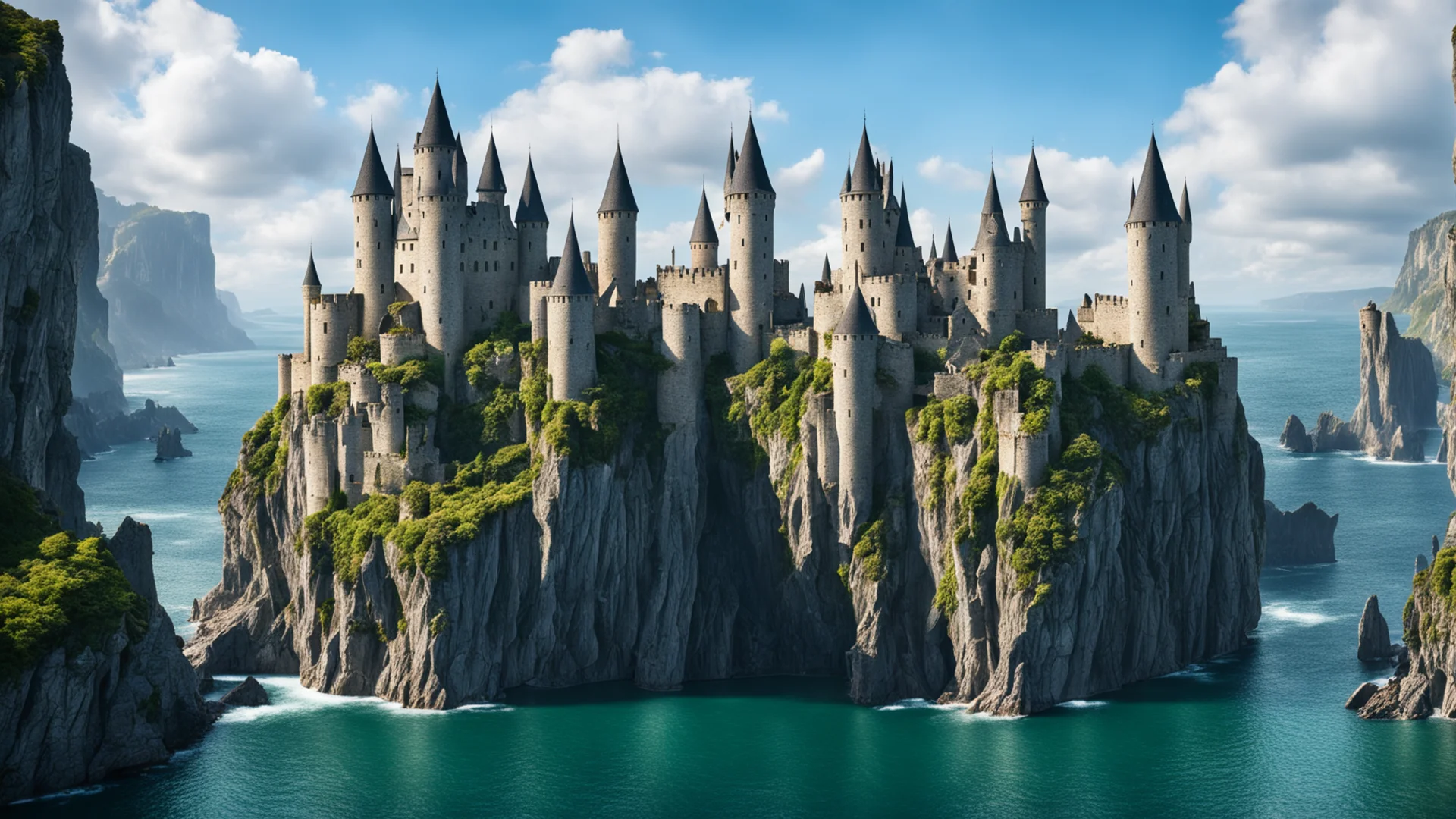 aiepic medieval castle on cliffs water surrounding%2C giant crystal formation  good looking trending fantastic 1 wide