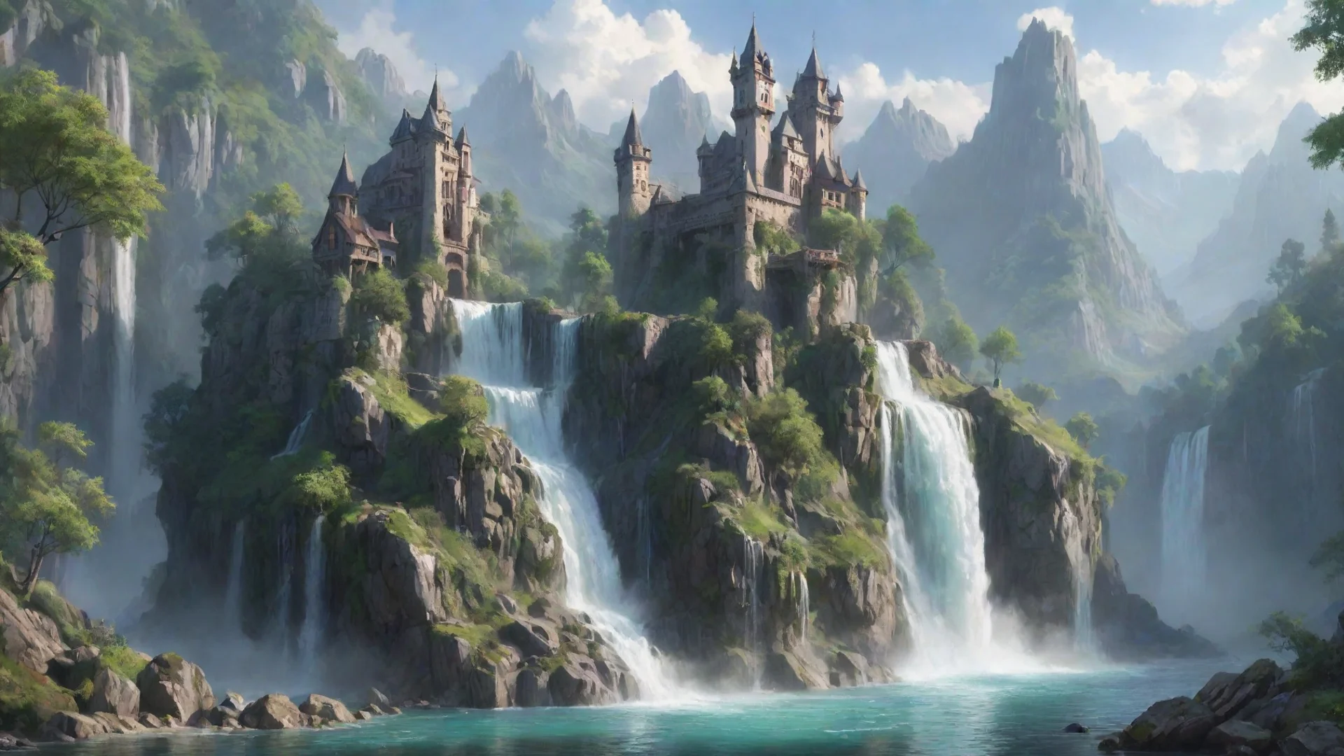 aiepic peacefulness tranquil waterfall waterfalls castle on lake environment hd beauty artstation best  wide