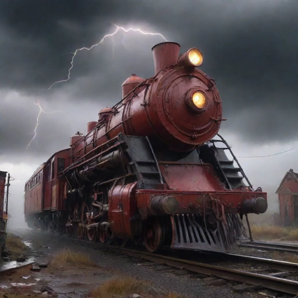 epic red steampunk gothic train in a wasteland detailed photorealistic rainy lightning ar 169