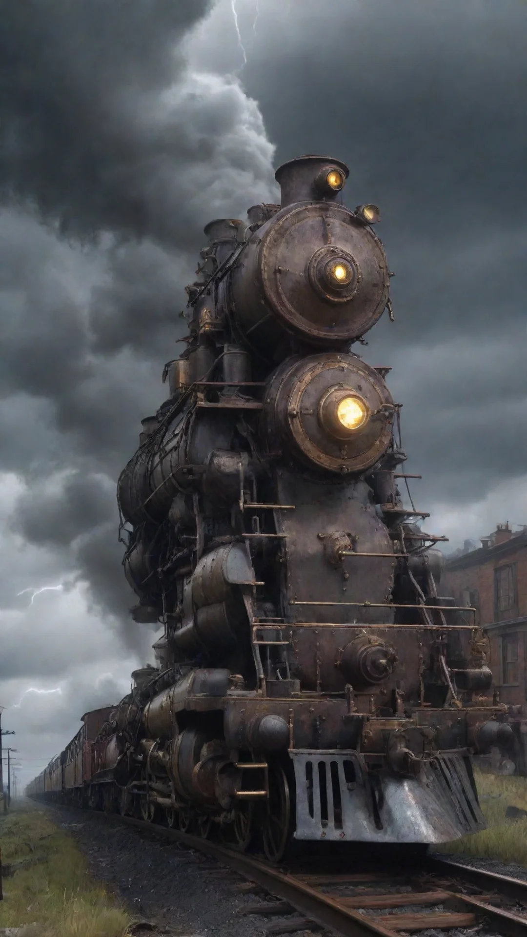 epic steampunk gothic train in a dwasteland detailed photorealistic rainy lightning ar 169 tall