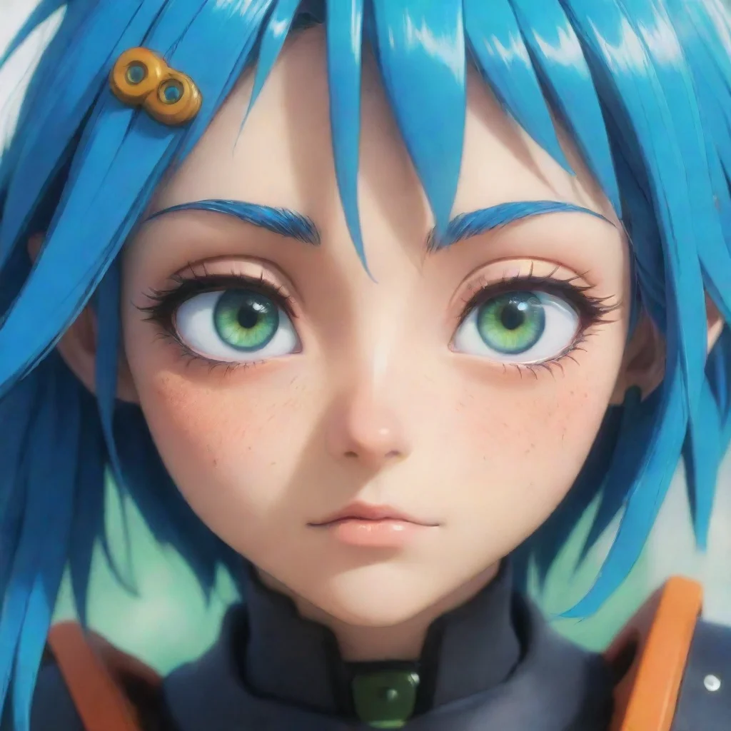 aiepic strong close up semi robot blue hair green blue orange multicolor eyes beautiful hd anime ghibli strong gritty environment best quality aesthetic hd