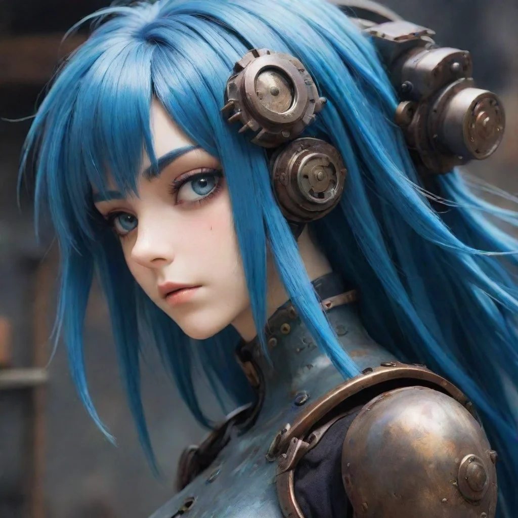 aiepic strong immortal semi robot blue hair beautiful hd anime ghibli strong gritty environment steampunk best quality aesthetic hd