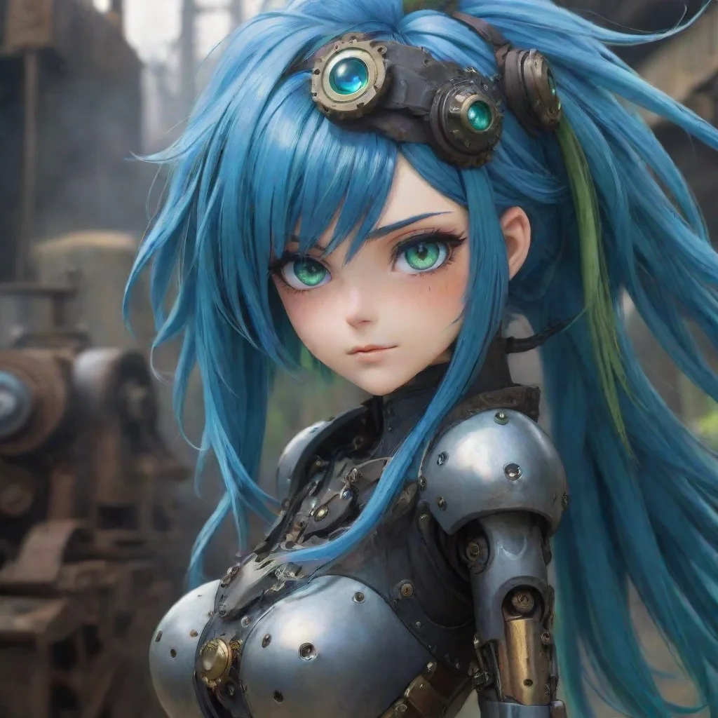 aiepic strong immortal semi robot blue hair one green one blue eye beautiful hd anime ghibli strong gritty environment steampunk best quality aesthetic hd
