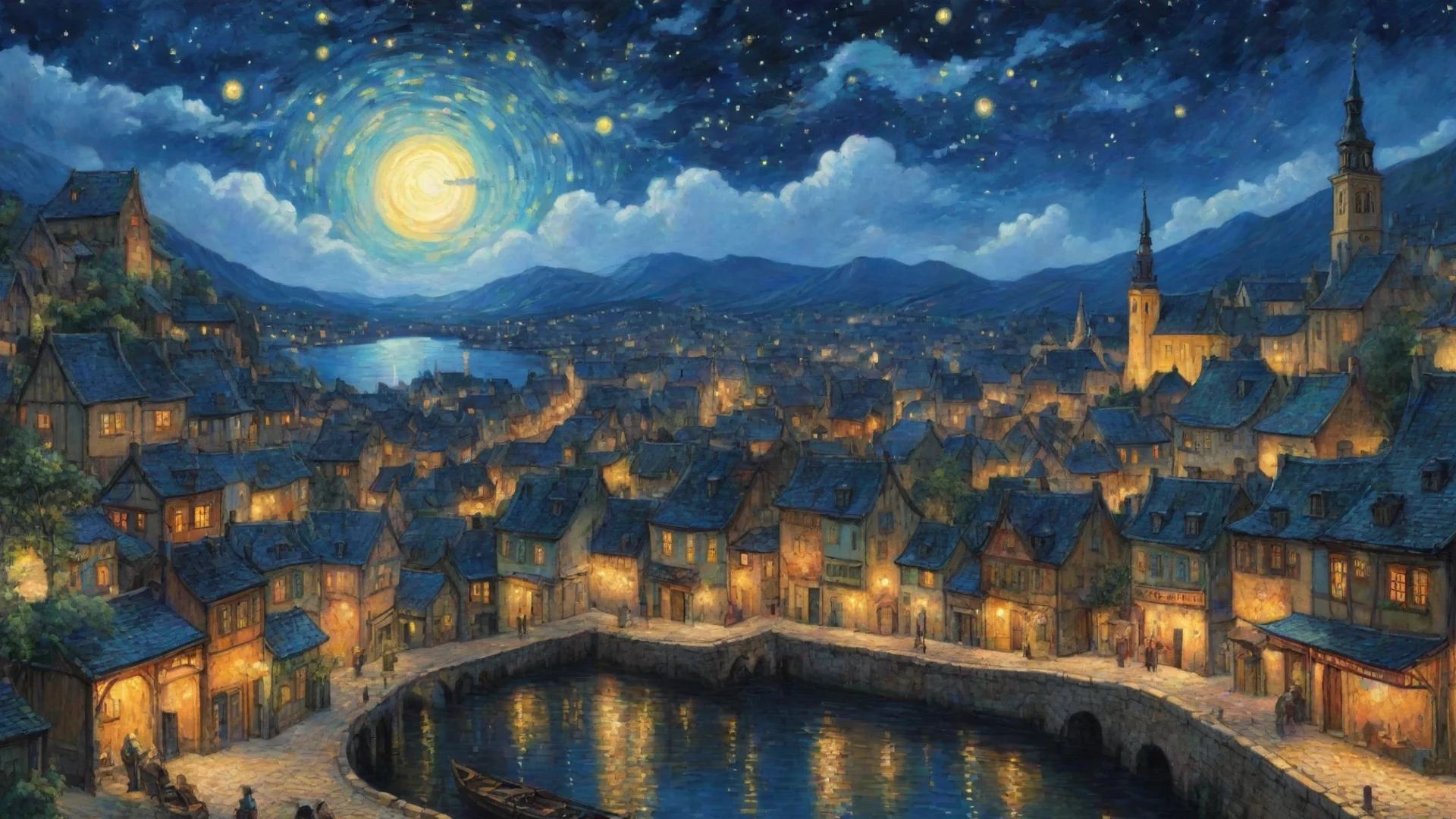 epic town lit up at night sky epic lovely artistic ghibli van gogh happyness bliss peace  detailed asthetic hd wow wide