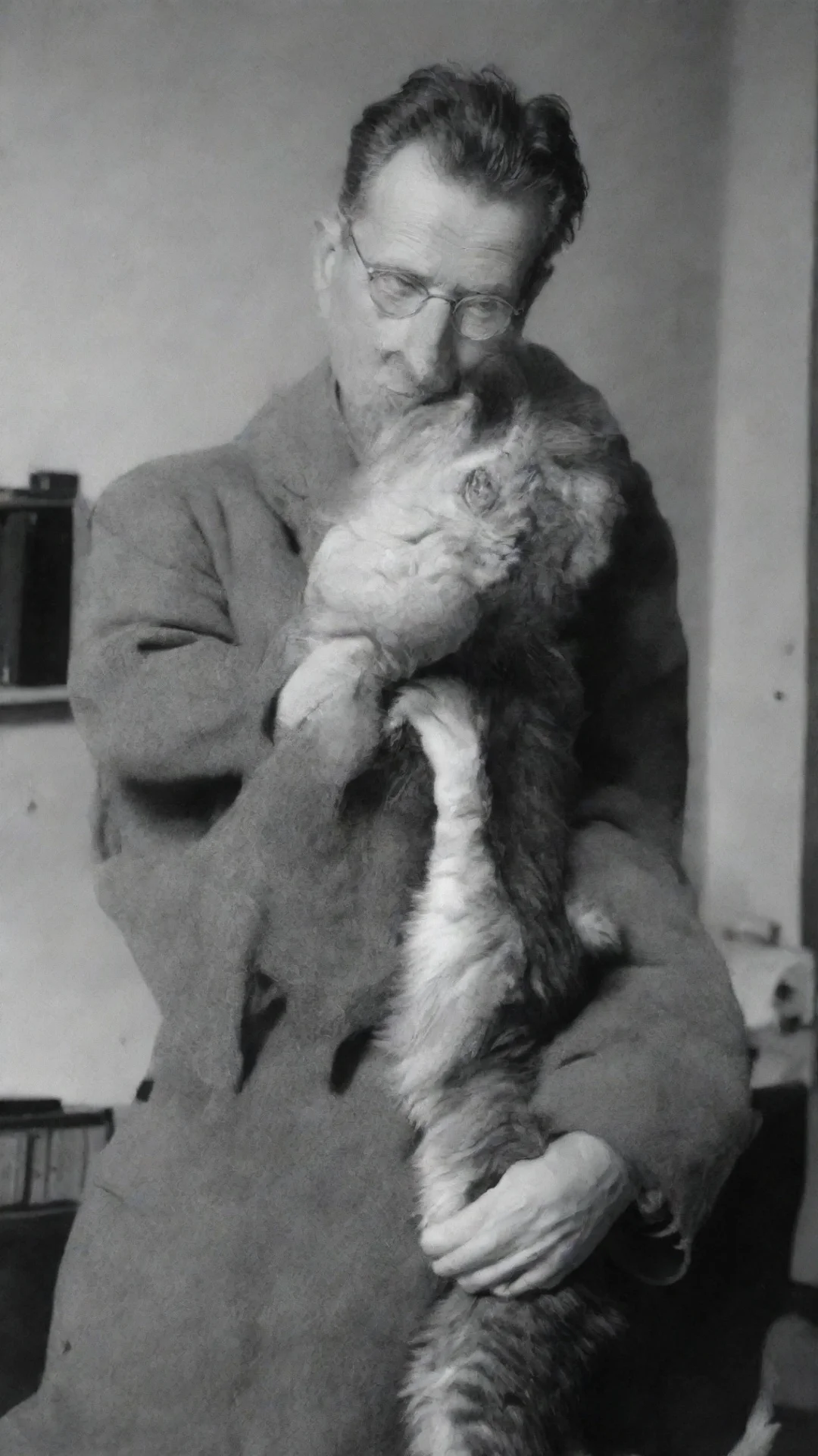erwin schrodinger  holding a cat tall