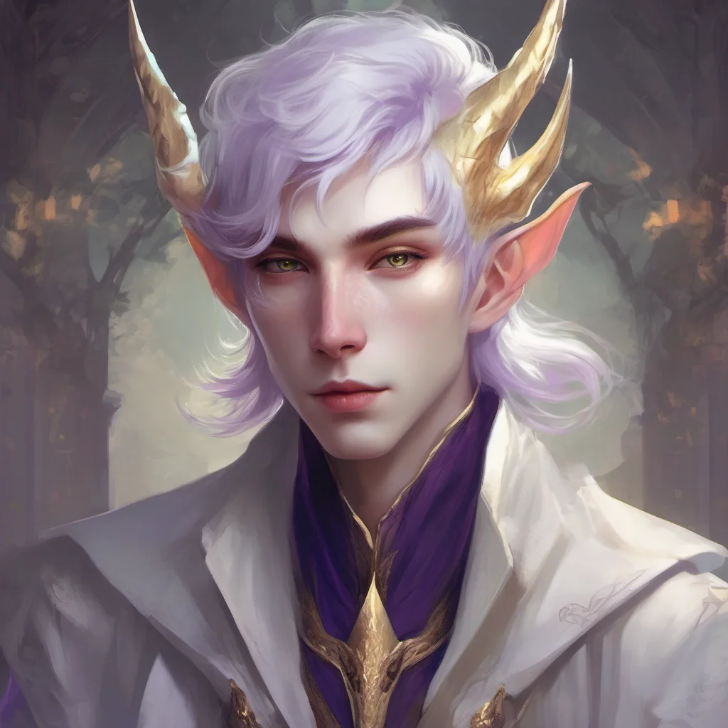 aiethereal person with short%2C fluffy white hair%2C purple dragon eyes%2C androgynous face%2C golden marks%2C white horns%2C elf ears amazing awesome portrait 2