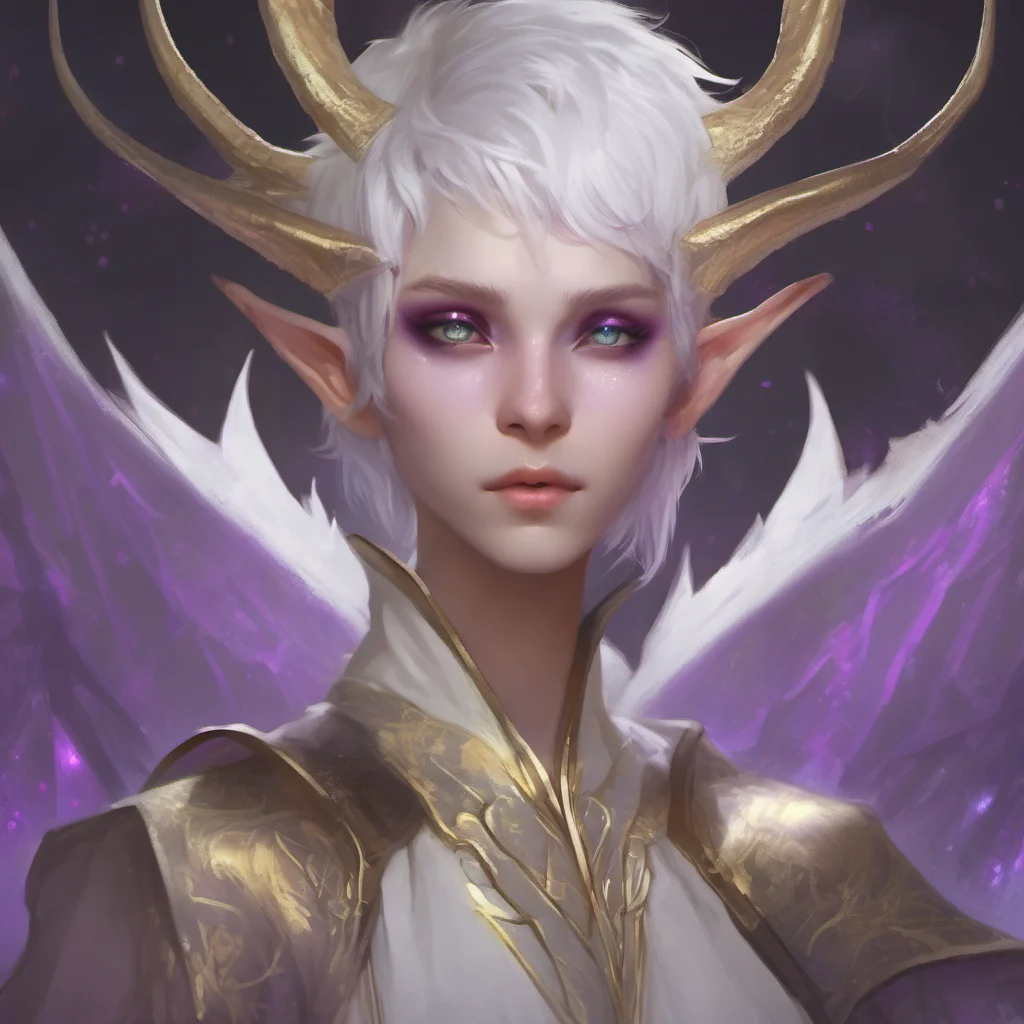 aiethereal person with short%2C fluffy white hair%2C purple dragon eyes%2C androgynous face%2C golden marks%2C white horns%2C elf ears confident engaging wow artstation art 3