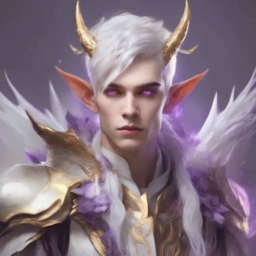 ethereal person with short%2C fluffy white hair%2C purple dragon eyes%2C androgynous face%2C golden marks%2C white horns%2C elf ears good looking trending fantastic 1