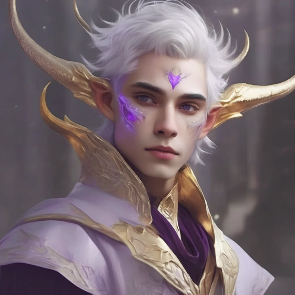 aiethereal person with short%2C fluffy white hair%2C purple dragon eyes%2C androgynous face%2C golden marks%2C white horns%2C elf ears