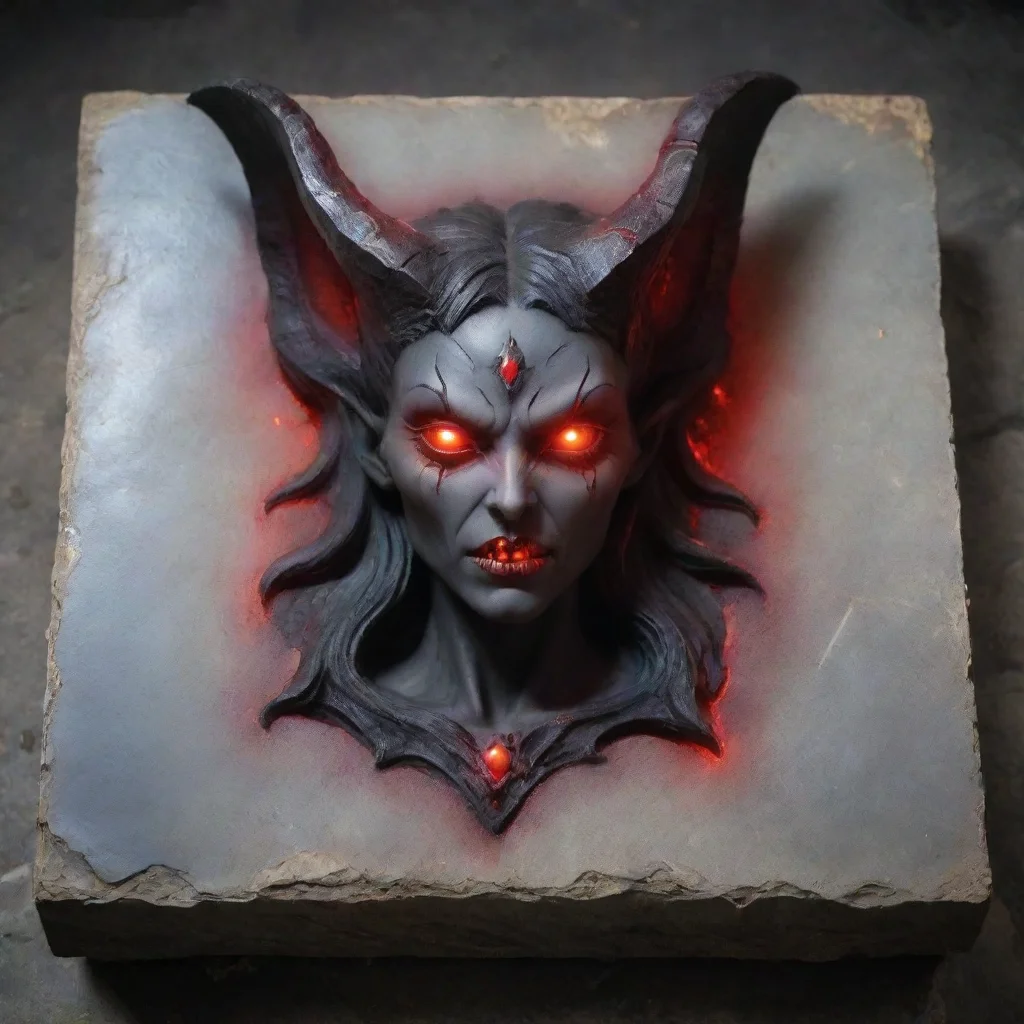 evil succubus with red glowing eyes on a stone slab