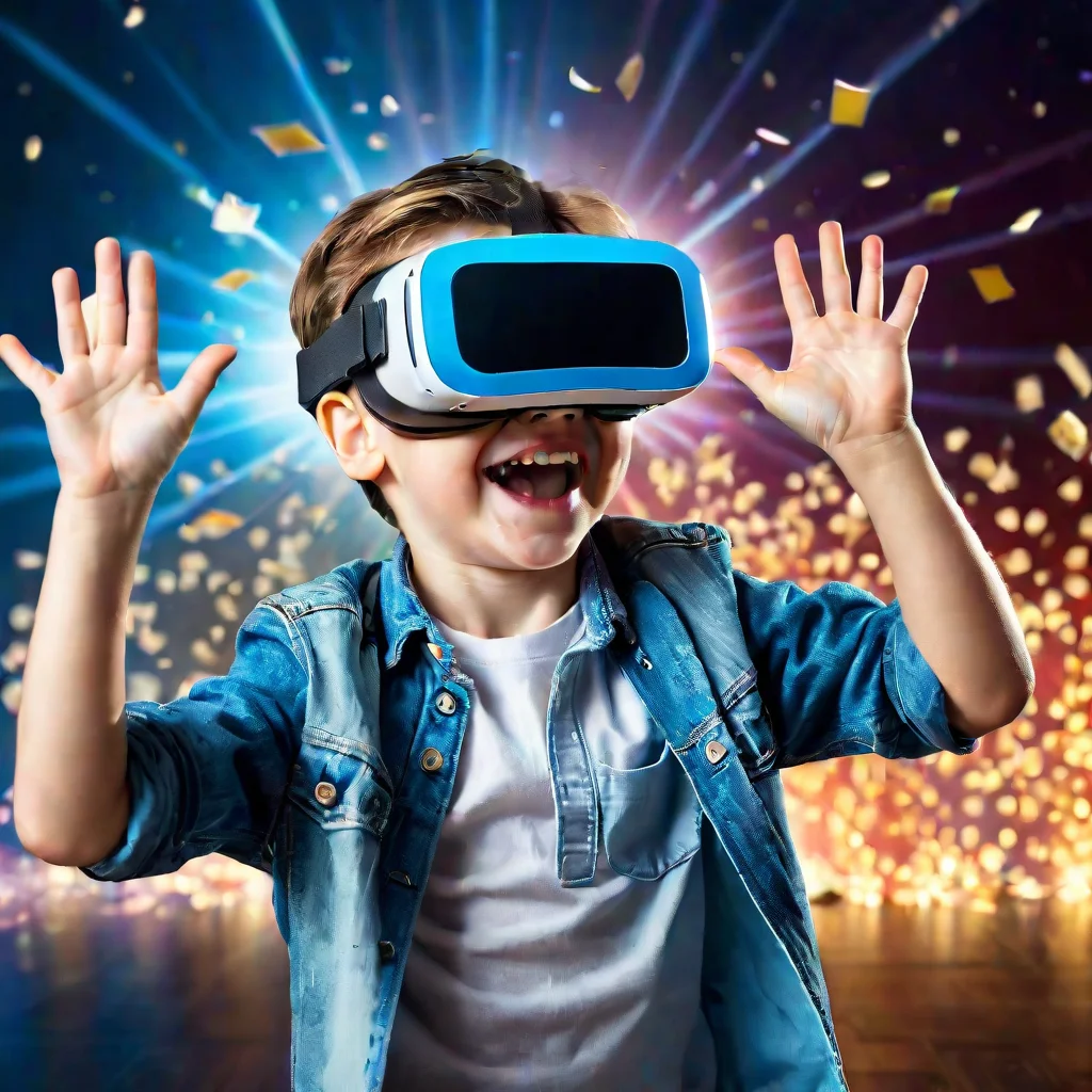 aiexcited boy wearing vr headset with a big smile on face%2C enjoying a virtual reality experience of his favorite movies that sparks wonder and joy
