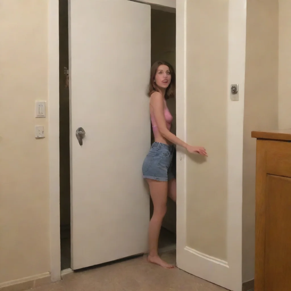 aiextremely tall girl ducking through a door