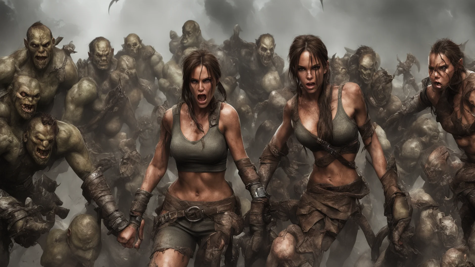 fallen lara croft surrounded by angry orcs wide