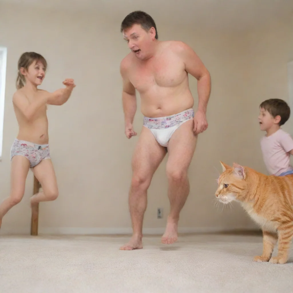 family chasing cat in their underpants