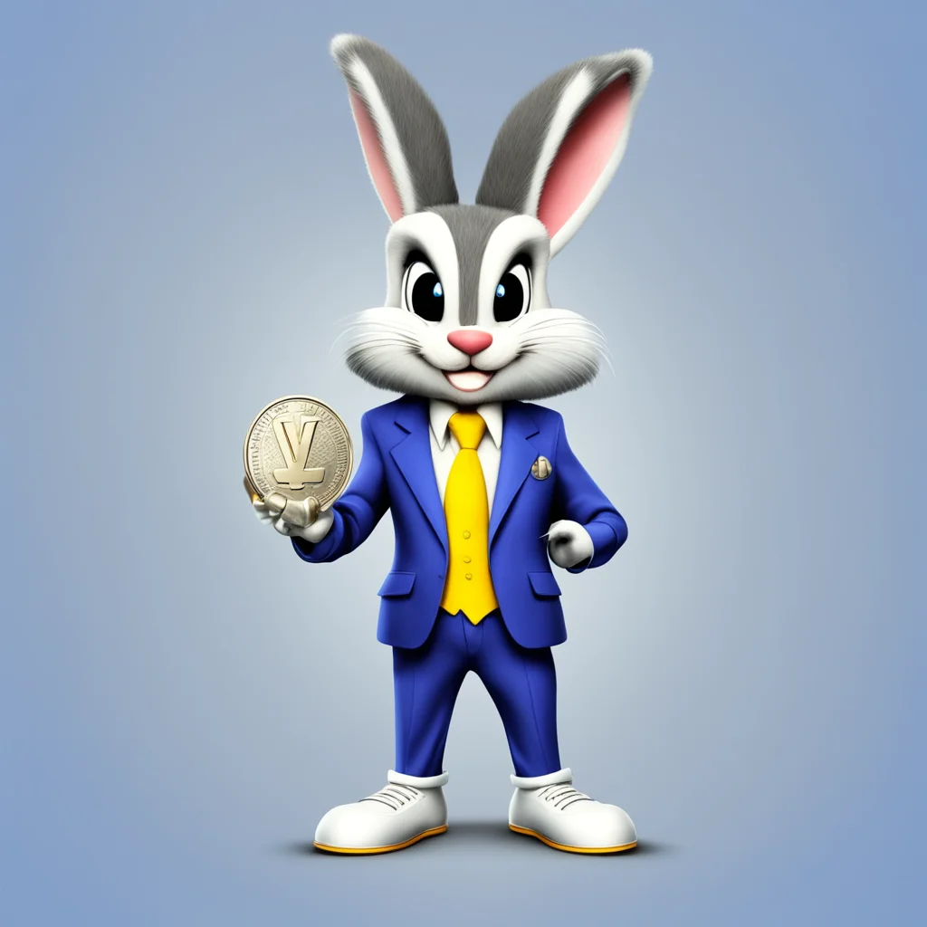 aifamous cartoon character bugs bunny%2C in a cute and quirky outfit%2C holds a shining platinum coin with %22v%22 on it amazing awesome portrait 2