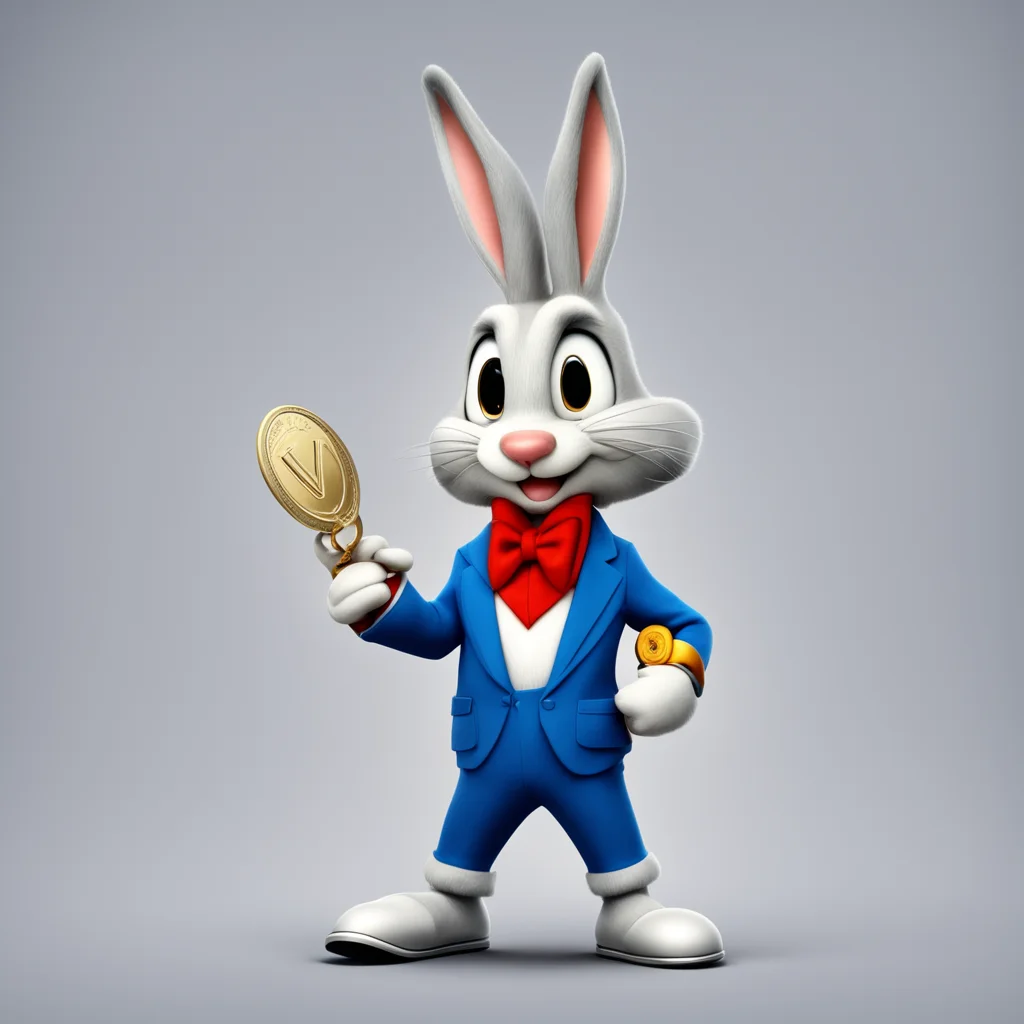 aifamous cartoon character bugs bunny%2C in a cute and quirky outfit%2C holds a shining platinum coin with %22v%22 on it good looking trending fantastic 1