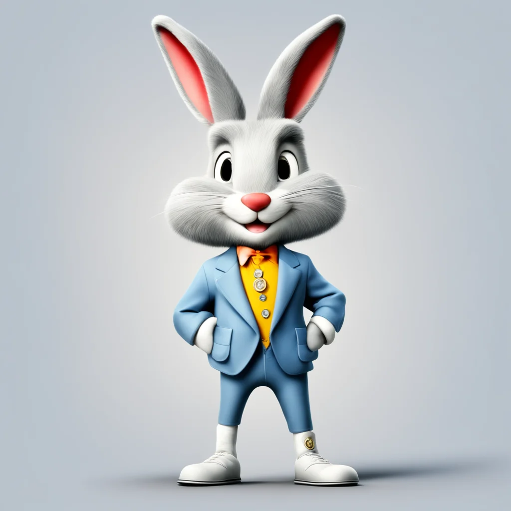 aifamous cartoon character bugs bunny%2C in a cute and quirky outfit%2C holds a shining platinum coin with %22v%22 on it