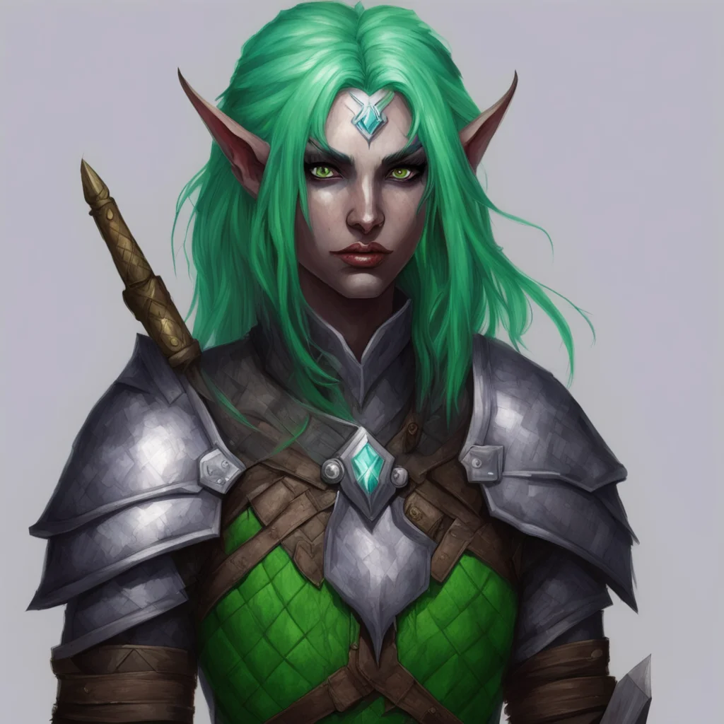 aifantasy%2C dnd%2C drow%2C warrior%2C quilted armor%2C strand of green hair%2C quiver behind back%2C portrait confident engaging wow artstation art 3
