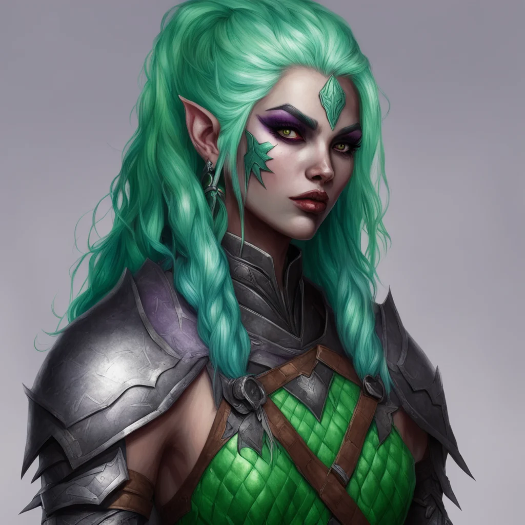 aifantasy%2C dnd%2C drow%2C warrior%2C quilted armor%2C strand of green hair%2C quiver behind back%2C portrait