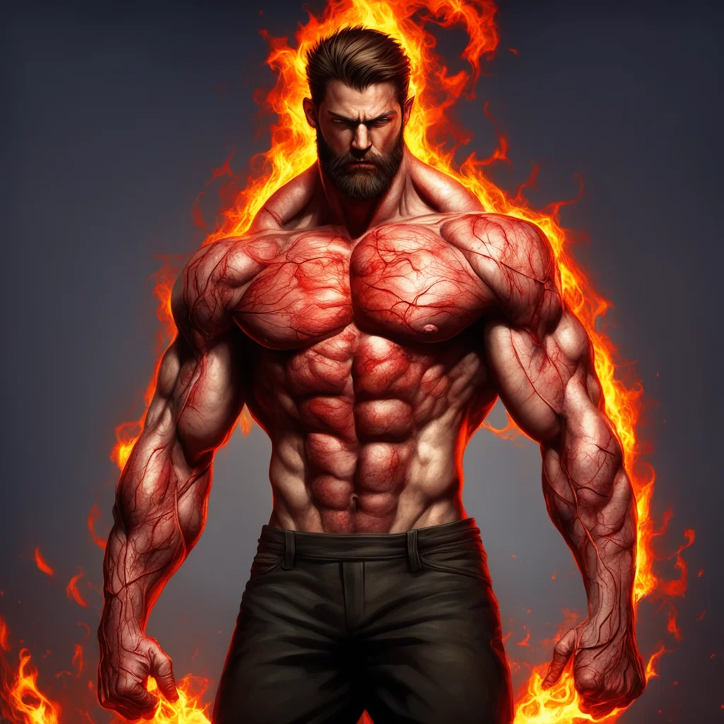 aifantasy art%2C a 8 foot tall man with veins that glow red he has short brown hair and a beard%2C he is very muscular and his fist are slightly on fire amazing awesome portrait 2