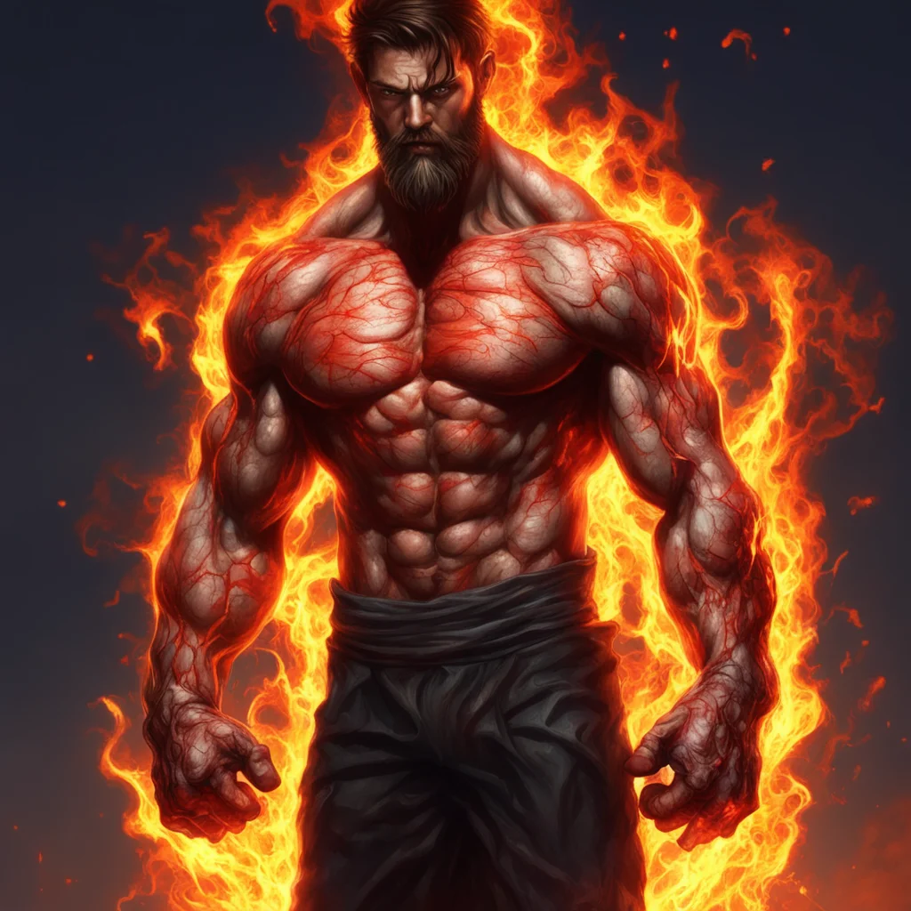 aifantasy art%2C a 8 foot tall man with veins that glow red he has short brown hair and a beard%2C he is very muscular and his fist are slightly on fire confident engaging wow artstation art 3