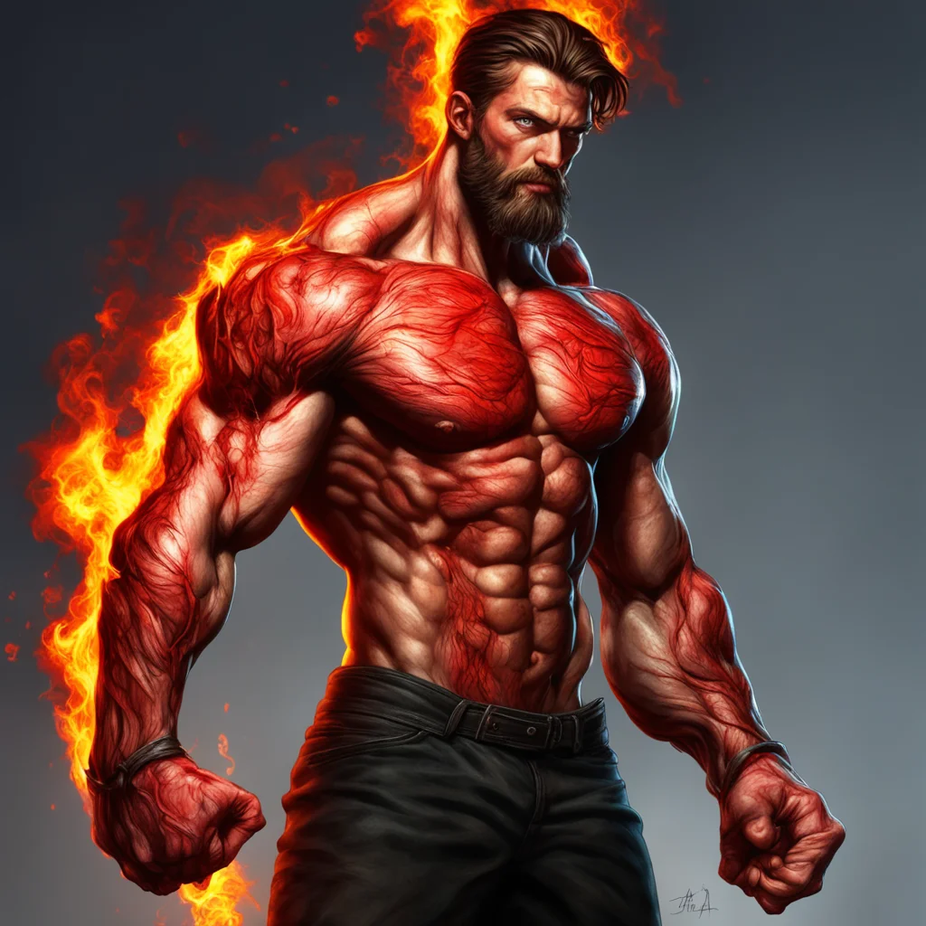 aifantasy art%2C a 8 foot tall man with veins that glow red he has short brown hair and a beard%2C he is very muscular and his fist are slightly on fire good looking trending fantastic 1