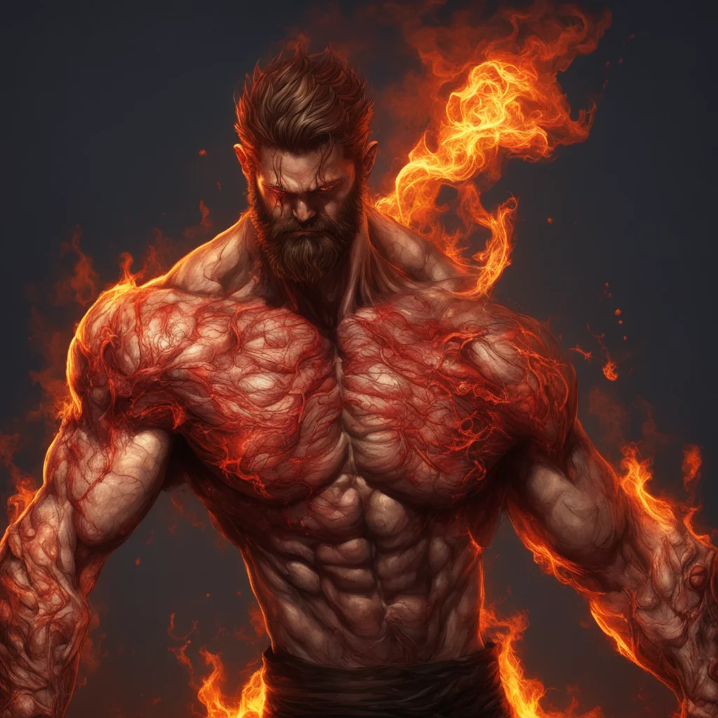aifantasy art%2C a 8 foot tall man with veins that glow red he has short brown hair and a beard%2C he is very muscular and his fist are slightly on fire