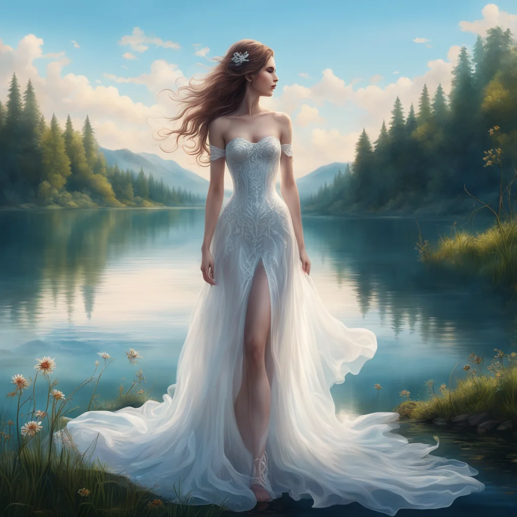 aifantasy art%2C a girl wearing a white translucidy dress close to the lake confident engaging wow artstation art 3