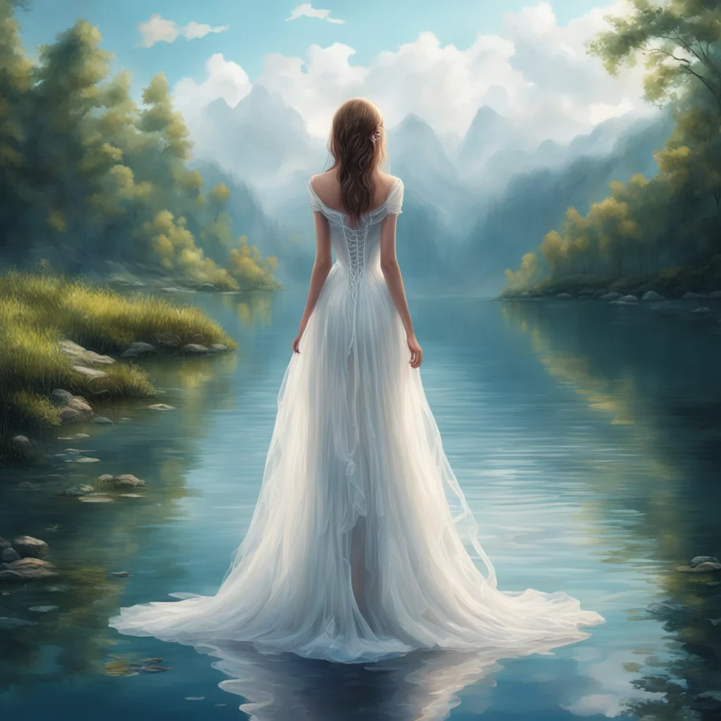 aifantasy art%2C a girl wearing a white translucidy dress close to the lake