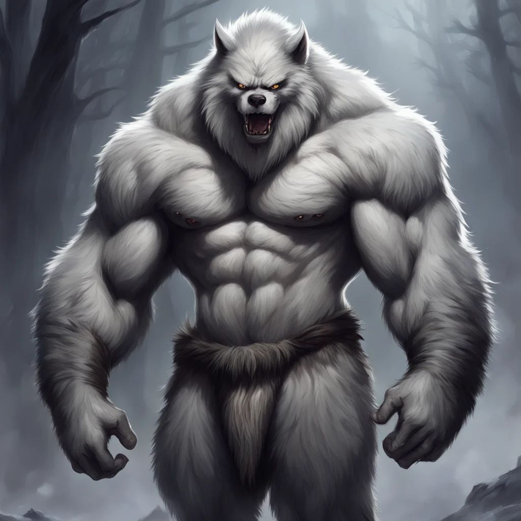 aifantasy art%2C werewolf%2C a large bulky werewolf with the softest fluffiest white fur%2C wearing only a loincloth